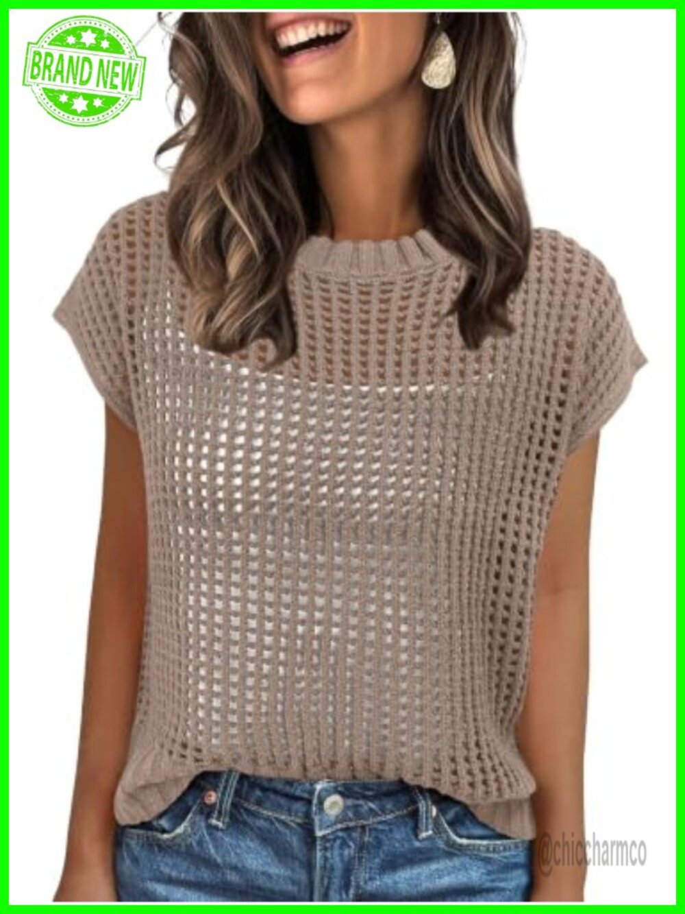 Crochet Knit Cap Sleeve Sweater Vest Loose Fit Summer Coverup